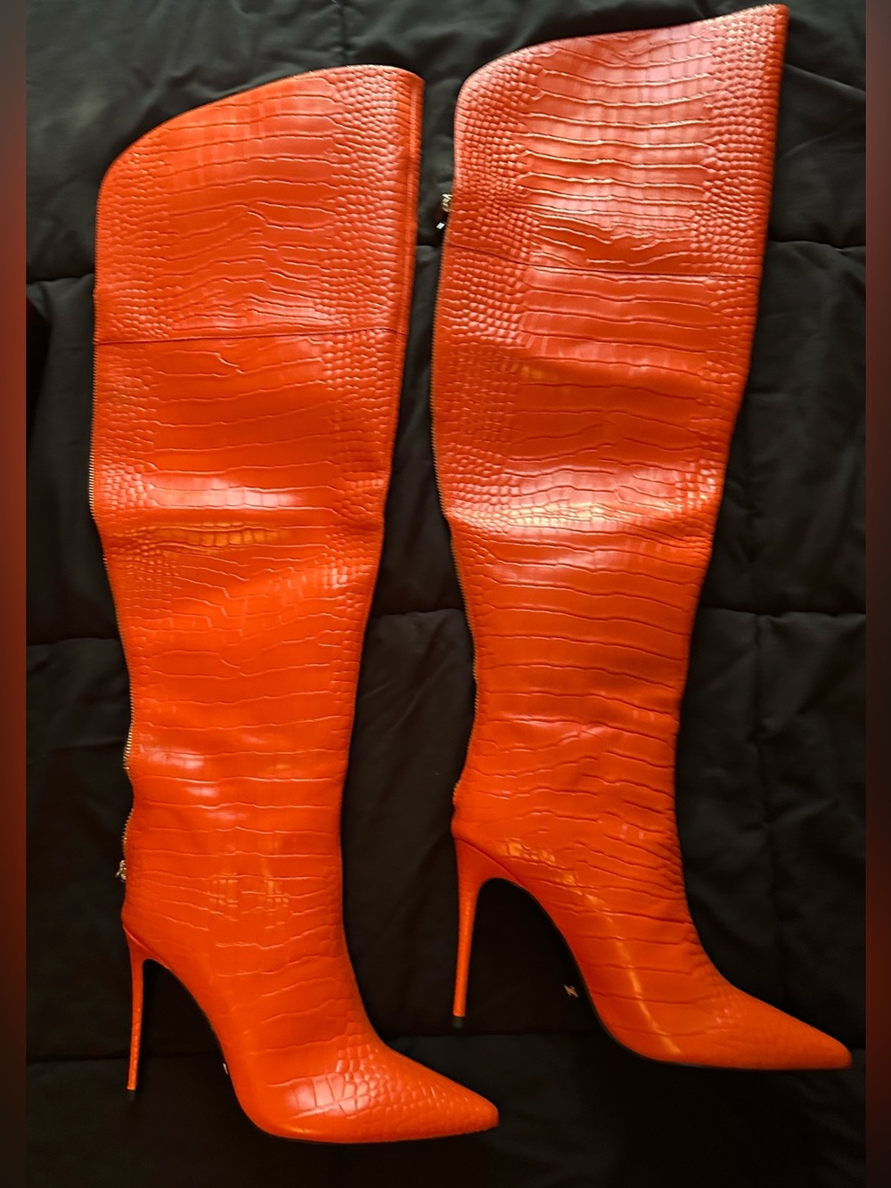 Bold Orange Croc-Embossed Over-the-Knee Stiletto Boots